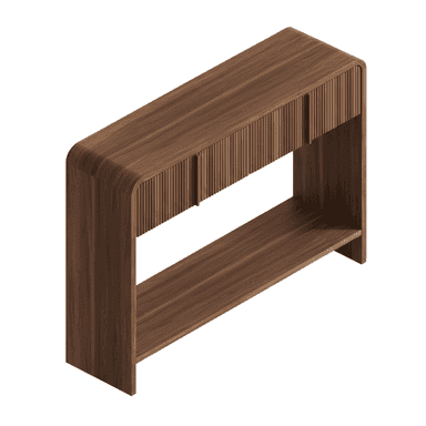A contemporary console table constructed from rich dark walnut wood, characterized by its elongated, narrow form. The design features a smooth, rounded top surface and solid side panels that descend to the floor. The upper section of the front facade showcases distinctive reeded detailing, concealing two integrated storage compartments or drawers. A full-width open shelf is positioned below the upper storage, providing additional display or storage space. — 3D model (AI enhanced source)