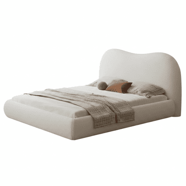 A modern upholstered platform bed featuring a soft, off-white bouclé fabric covering and a distinctive sculpted, organic-shaped headboard. The bed frame itself is also upholstered, creating a seamless, plush appearance. — 3D model (AI enhanced source)