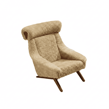 A high-backed lounge chair upholstered in shaggy, light-colored sheepskin or faux sheepskin fabric, featuring a distinctive rolled headrest and integrated armrests. The chair is supported by four splayed, angled dark wood legs. — 3D model (AI enhanced source)