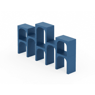 A contemporary modular shelving unit composed of three connected, stepped sections. Each section consists of stacked blocks featuring distinct arched openings, creating a series of display shelves. The unit is rendered in a uniform dark blue color with a textured, granular finish, resembling a composite or stone-like material. The design is geometric and architectural, with a stepped profile ascending from left to right. — 3D model (AI enhanced source)