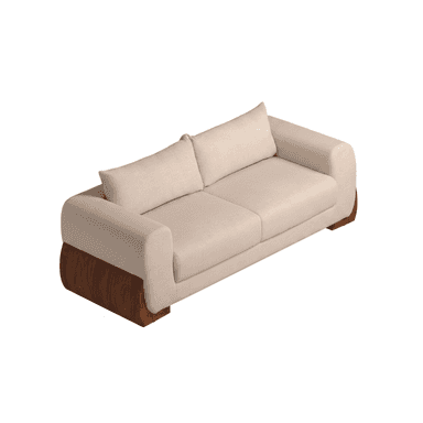 A modern two-seater sofa featuring light beige fabric upholstery and distinctive dark wood paneling on the base and exterior of the armrests, creating a sophisticated contrast. — 3D model (AI enhanced source)