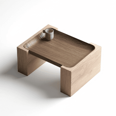 A low, rectangular wooden table featuring a deep, recessed, curved-edge tray made of a darker wood, seamlessly integrated into a lighter wood frame. A small ceramic mug rests within the tray. — 3D model (AI enhanced source)