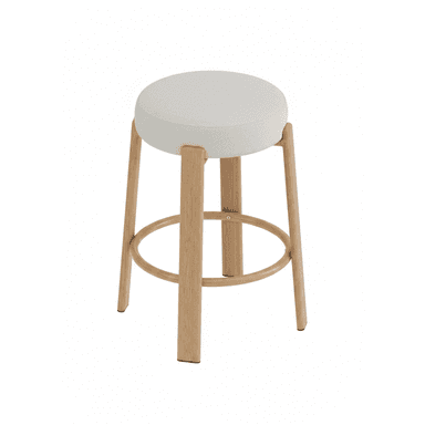 A modern stool featuring a round, light-colored upholstered seat and four splayed wooden legs, connected by a circular wooden footrest. — 3D model (AI enhanced source)