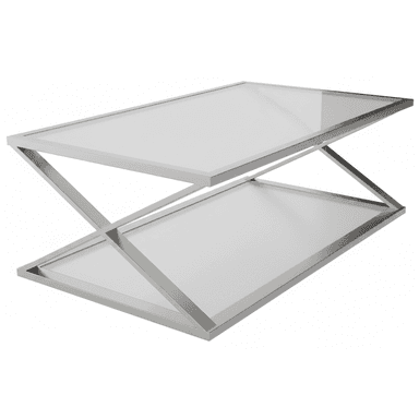 A modern coffee table with a rectangular shape, featuring a two-tiered design. The frame is constructed from metal with a brushed silver finish. The upper and lower surfaces appear to be made of glass or a similar reflective material, possibly with a frosted or opaque finish, resting within the metal frame. The base is characterized by intersecting geometric supports creating an 'X' shape on each side, contributing to its contemporary aesthetic. — 3D model (AI enhanced source)