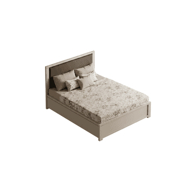 A contemporary platform bed featuring a light beige/greige frame and a dark grey upholstered headboard. The bed is dressed with light-colored bedding, including several pillows and a duvet with a subtle floral or abstract pattern. — 3D model (AI enhanced source)