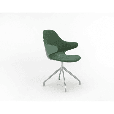 A contemporary swivel armchair featuring a distinctive two-tone green design. The chair has an organically shaped, integrated back and armrest shell in a lighter green plastic, contrasted with darker green upholstered fabric on the seat and inner backrest. It rests on a four-star polished metal swivel base. — 3D model (AI enhanced source)