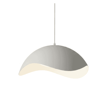A modern pendant light featuring an organically shaped, undulating shade in a light grey or off-white finish, suspended from the ceiling by a thin cable. The light source is integrated and concealed within the shade, emitting a soft, diffused glow. — 3D model (AI enhanced source)