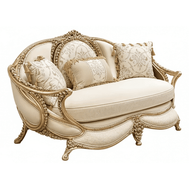 An ornate loveseat featuring a heavily carved and gilded wooden frame with a cream-colored upholstered seat and back. The frame exhibits intricate Rococo-style detailing, including scrolled motifs, acanthus leaves, and shell-like accents. It stands on four cabriole legs. The loveseat is adorned with multiple throw pillows in coordinating cream and patterned fabrics, finished with tassels, enhancing its luxurious appearance. — 3D model (AI enhanced source)