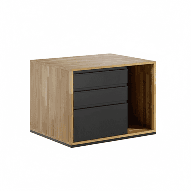A compact, rectangular storage unit featuring a natural wood exterior and contrasting black drawer fronts. It has three stacked drawers on the left and an open storage compartment on the right, all resting on a dark plinth base. — 3D model (AI enhanced source)