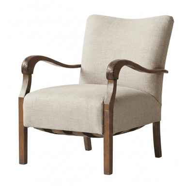 A traditional upholstered armchair with an exposed wooden frame and carved armrests. The chair features a padded seat and backrest covered in a light beige woven fabric. The wooden frame is finished in a warm, medium-brown tone, and the armrests have decorative leaf or scroll carvings. — 3D model (AI enhanced source)