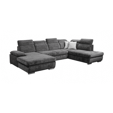 A contemporary U-shaped sectional sofa upholstered in a dark grey woven fabric. It features multiple modular sections, including two chaise extensions on opposite ends, and multiple seat cushions. The backrests are equipped with adjustable headrests, providing customizable support. The sofa is supported by low-profile, chrome-finish feet. — 3D model (AI enhanced source)