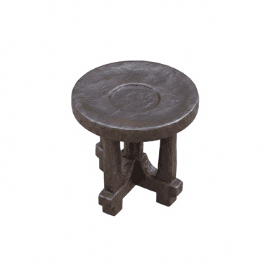 A small, round, dark wood pedestal table with a deeply recessed circular top and a sturdy, cross-braced leg structure. The wood has a highly textured, rustic appearance. — 3D model (AI enhanced source)