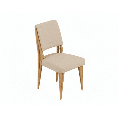 An armless dining chair featuring a light-toned wooden frame and beige fabric upholstery. The chair has a minimalist design with a clean, rectangular upholstered seat and a slightly curved upholstered backrest. The wooden frame is exposed on the sides of the backrest and forms the four tapered legs. The overall aesthetic is contemporary and understated. — 3D model (AI enhanced source)