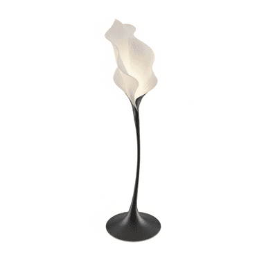 A tall, elegant floor lamp featuring a sculptural, biomorphic design. The top portion consists of a translucent white shade resembling a calla lily, which emits a soft, upward glow. This shade is supported by a slender, dark, tapering stem that curves gracefully. The lamp is anchored by a weighted, round, dark base, detailed with a thin copper-colored rim at its bottom edge. — 3D model (AI enhanced source)