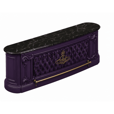 An ornate bar counter featuring a deep purple lacquered finish, a polished black marble countertop, and a central diamond-tufted velvet panel adorned with a golden Vivienne Westwood orb logo. The counter includes intricate carved details and a brass footrest rail. — 3D model (AI enhanced source)