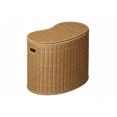 A light brown wicker laundry hamper with a distinct kidney-bean or curved oblong shape. The hamper features a tightly woven construction throughout its body and a matching, snugly fitted lid that echoes the curved form. Small, rectangular cutout handles are integrated into the short sides of the hamper, allowing for easy lifting and transport. The natural color of the wicker gives it an organic and casual aesthetic. — 3D model (AI enhanced source)