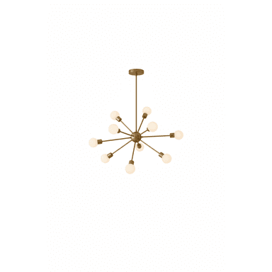 A contemporary interpretation of a Sputnik chandelier, featuring a central spherical body from which multiple brass-finished arms radiate outwards, each terminating in a spherical opal glass bulb. The fixture is suspended by a slender rod and canopy, all in a matching brass tone. — 3D model (AI enhanced source)