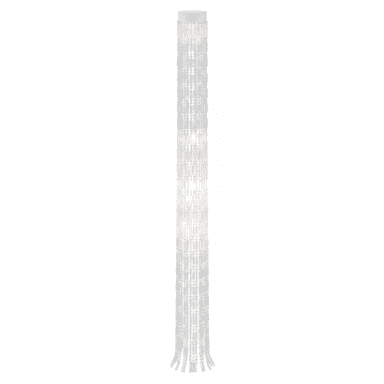 A tall, slender, modern floor lamp featuring a cylindrical design composed of numerous clear, faceted elements that create a sparkling, crystal-like effect. The internal light source illuminates these elements, diffusing light elegantly. The top and bottom appear to have a solid, opaque finish, likely white or silver-toned, providing a clean contrast to the clear body. — 3D model (AI enhanced source)