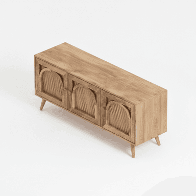 A low, rectangular cabinet with three doors, crafted from light-toned wood. Each door features a wooden frame with an arched cutout revealing a woven cane panel. The console stands on four tapered, splayed wooden legs. — 3D model (AI enhanced source)