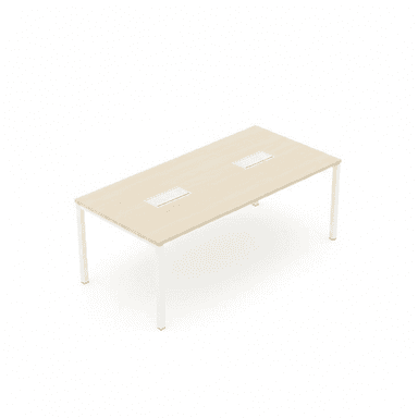 A rectangular conference table featuring a light wood-look laminate top and four straight, white metal legs. The tabletop includes two integrated rectangular modules for power and data access, set flush with the surface. The table has a modern, minimalist aesthetic. — 3D model (AI enhanced source)