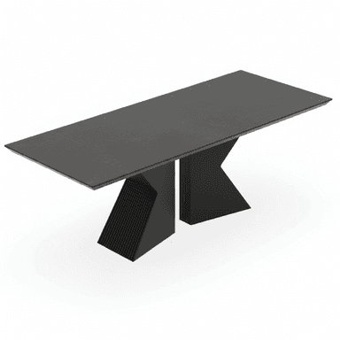 A contemporary dining table featuring a rectangular, thin matte black tabletop supported by a distinctive sculptural base. The base consists of two angled, geometric pedestals, one of which incorporates a subtle slatted texture, all rendered in a cohesive matte black finish. — 3D model (AI enhanced source)