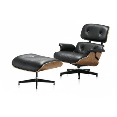 A classic Mid-Century Modern Eames Lounge Chair and Ottoman set, featuring black leather upholstery on molded plywood shells with a dark wood veneer. The chair has a distinctive reclining form with separate back and seat cushions, integrated armrests, and rests on a five-star swivel base. The matching ottoman has a similar molded plywood shell, black leather cushion, and a four-star fixed base. — 3D model (AI enhanced source)