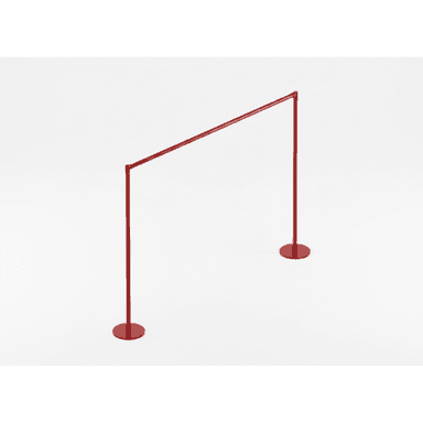 A minimalist, freestanding garment rack made from red-painted metal, featuring two vertical poles with circular bases connected by a single horizontal bar for hanging clothes. — 3D model (AI enhanced source)
