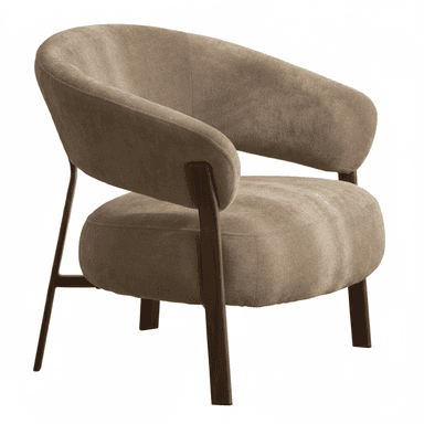 A single, upholstered accent chair with a rounded, enveloping back and integrated armrests, supported by dark wooden legs. — 3D model (AI enhanced source)