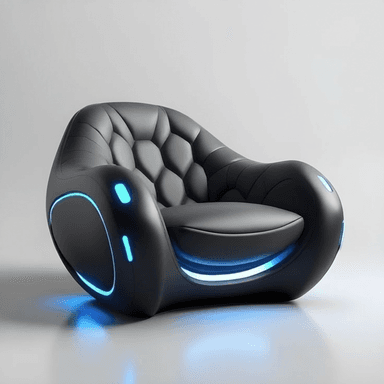 A sleek, dark gray or black lounge chair with a futuristic design, featuring integrated electric blue LED lighting along its base and sides. The backrest is upholstered with a distinctive hexagonal tufting pattern, while the seat cushion is smooth. Its overall form is curvilinear and ergonomic, suggesting a modern, high-tech aesthetic. — 3D model (AI enhanced source)