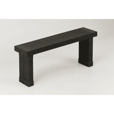 A dark-colored, rectangular bench with a heavily textured, fluted surface, supported by two thick, rectangular legs. — 3D model (AI enhanced source)