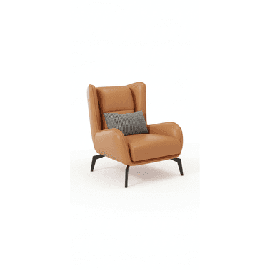 A contemporary armchair with a high back and winged sides, upholstered in tan-colored leather. It features a small, checkered throw pillow placed on the seat. The armchair is supported by four slender, black metal legs with an angular design. — 3D model (AI enhanced source)