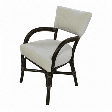 A dark brown rattan armchair with upholstered seat and back cushions in a light cream or off-white fabric. The frame is constructed from curved rattan poles, with a woven detail around the joints of the legs and armrests. The seat cushion is square, and the back cushion is rectangular and slightly angled. — 3D model (AI enhanced source)