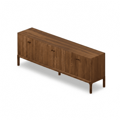 A long, low, rectangular sideboard constructed from dark walnut wood, featuring multiple cabinet doors across its front facade. The piece stands on a minimalist integrated wooden base with short, subtly splayed legs. Each cabinet door is fitted with a small, dark, circular or knob-like pull, blending with the wood grain. The design emphasizes clean lines and natural wood aesthetics. — 3D model (AI enhanced source)