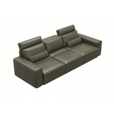 A modern, multi-unit sofa with adjustable headrests and a chaise section. The sofa is upholstered in a matte, olive-green material, likely leather or high-quality faux leather. It features clean lines, blocky armrests, and individual seat cushions. Two rectangular throw pillows in a textured, darker green fabric are placed on the seating area. — 3D model (AI enhanced source)