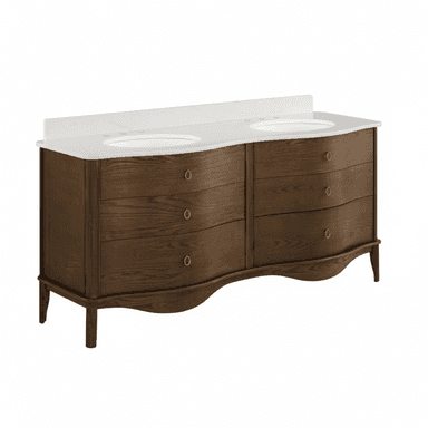 A long, double sink bathroom vanity featuring a dark brown wooden cabinet with a curved front design, six drawers, and a white engineered stone countertop with integrated ceramic undermount sinks. It stands on short, tapered legs. — 3D model (AI enhanced source)