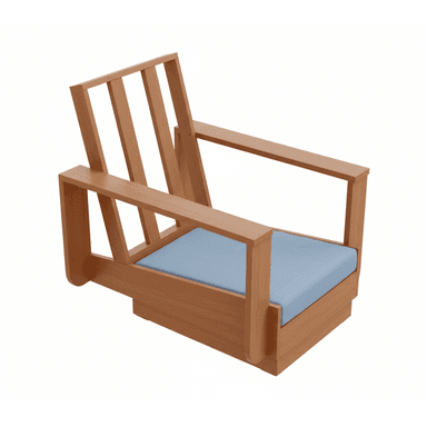 A wooden armchair with a slatted backrest and a light blue upholstered seat cushion. The armchair features a minimalist design with clean lines and a natural wood finish. — 3D model (AI enhanced source)