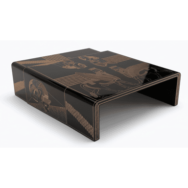 A low, rectangular coffee table featuring a waterfall design, where the top and sides are seamlessly curved. It has a glossy black lacquered finish adorned with intricate gold-colored decorative etchings or inlays depicting stylized ancient figures and winged creatures on its surfaces. — 3D model (AI enhanced source)