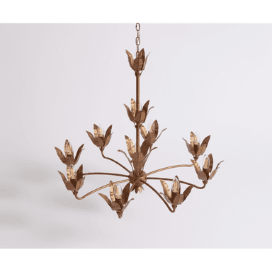 A multi-arm chandelier crafted from gilt metal, featuring a botanical design with leaf-shaped elements. The fixture includes nine light sockets arranged in two tiers on curved arms, all finished in an antiqued gold tone. It is suspended by a decorative chain. — 3D model (AI enhanced source)