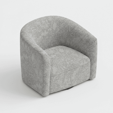 An upholstered barrel-shaped armchair with a continuous back and armrests, featuring a floral pattern on light gray fabric and a visible swivel base. — 3D model (AI enhanced source)