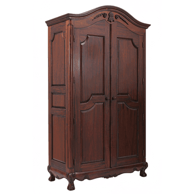 A dark reddish-brown wooden armoire, featuring a curved pediment with ornate carvings, double paneled doors, and a scalloped base with cabriole-style feet, indicative of French Provincial or Baroque design. — 3D model (AI enhanced source)