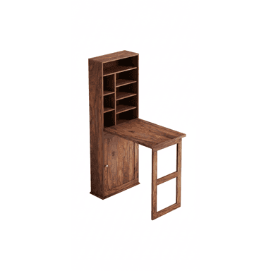A compact wooden furniture unit, featuring a fold-out writing desk surface, integrated shelving, and a lower cabinet, showcasing rich wood grain. — 3D model (AI enhanced source)