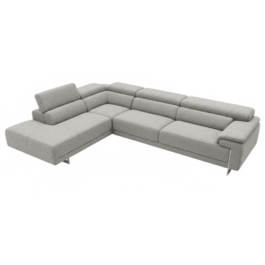 A modern sectional sofa with a chaise lounge extension. The sofa features multiple seating modules and adjustable headrests. It is upholstered in a textured grey fabric and supported by sleek metal legs. — 3D model (AI enhanced source)