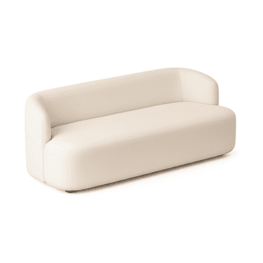 A compact, contemporary two-seater loveseat upholstered in a light cream or off-white fabric. It features a low-profile design with rounded, plush forms and an asymmetrical backrest and armrest configuration. One side has a higher, curved back/arm, while the other side is lower, blending into the seat. — 3D model (AI enhanced source)