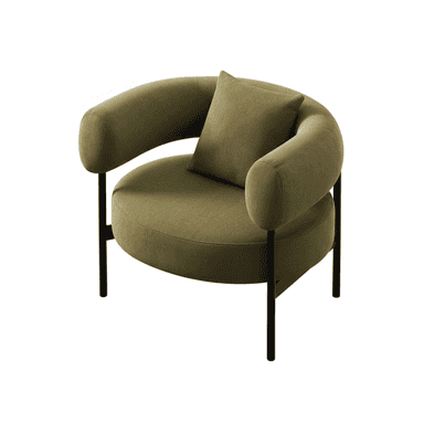 A modern armchair with a rounded, barrel-like silhouette. It features a fully upholstered seat, back, and integrated armrests, creating a continuous form. A single matching throw pillow is placed on the seat. The armchair is supported by four slender, dark-colored legs that extend from beneath the seat. — 3D model (AI enhanced source)
