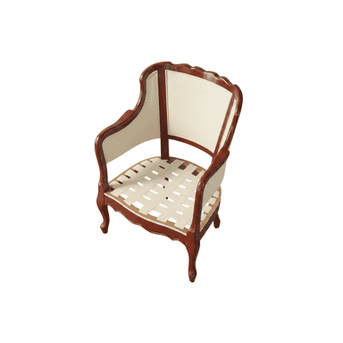 An armchair frame in a Rococo Revival or French Provincial style, featuring a reddish-brown polished wood finish. The frame exhibits curvilinear lines, carved details on the crest rail, and elegant cabriole legs. The back and armrests are upholstered in a light-colored fabric, while the seat's webbing is exposed, indicating it is an unfinished piece or frame for reupholstery. — 3D model (AI enhanced source)