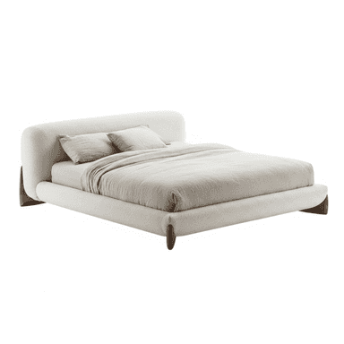 A modern platform bed featuring a generously padded, rounded headboard and frame, entirely upholstered in a light, off-white bouclé fabric. The bed maintains a low-profile design and is supported by four subtly tapered dark wooden feet, two visible at the head and two at the foot, seamlessly integrating into the minimalist aesthetic. It is presented with a neutral-toned mattress, two pillows, and a duvet. — 3D model (AI enhanced source)