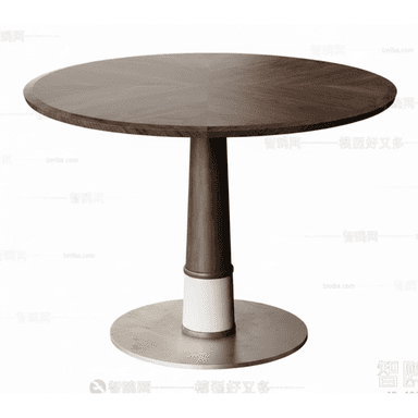 A modern round dining table featuring a dark brown wood top with a distinctive radial grain pattern. The table is supported by a central pedestal base, which transitions from a dark wood column to a contrasting lighter-colored band, and then to a round, brushed metal disc foot. — 3D model (AI enhanced source)