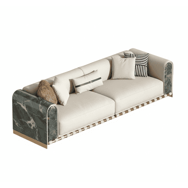 A luxurious modern sofa featuring a cream-colored upholstered body, curved green marble armrests with brass accents, and a distinctive open base composed of brass cylinders integrated with light-colored straps. Several decorative pillows are arranged on the sofa. — 3D model (AI enhanced source)