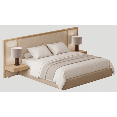 A modern platform bed featuring an extended upholstered headboard with a light wood frame. The headboard incorporates floating nightstands on both sides, each equipped with an integrated bedside lamp. The bed base is also upholstered in a matching neutral fabric. The bedding is white with a beige throw. — 3D model (AI enhanced source)