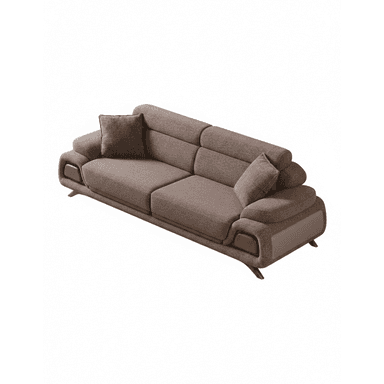 A contemporary three-seater sofa upholstered in a textured brown fabric, featuring distinctively curved armrests with integrated light wood-like panels and short, tapered wooden legs. It includes two matching throw pillows. — 3D model (AI enhanced source)
